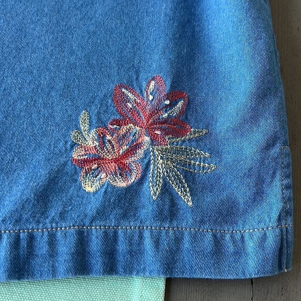 Vintage Koret City Blues Chambray Embroidered Beaded Palm Tree Button Down Top - Picture 4 of 11